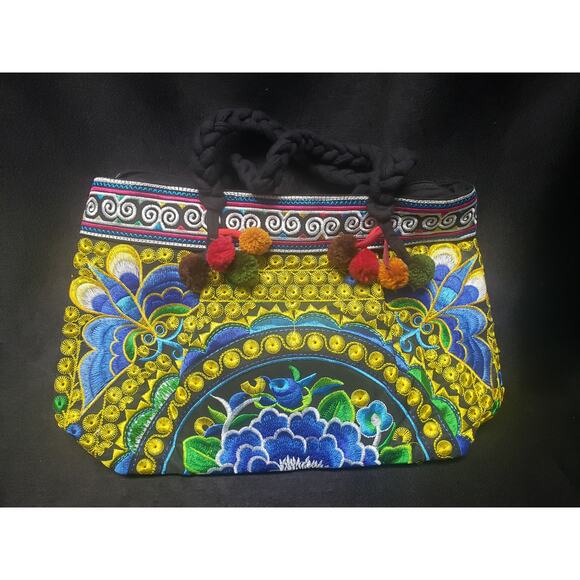 Multi Colored Floral Embroidered Quilt Fabric Hand Bag Purse | 100% Cotton - Picture 2 of 7